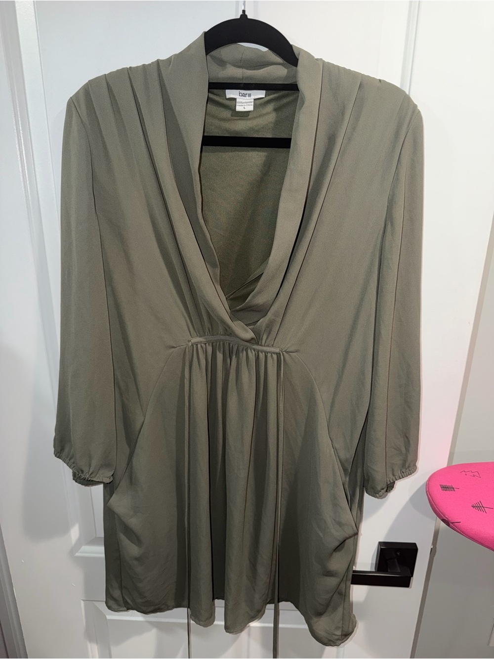 Bar III Olive Green Draped Neck Long Sleeve Shift Dress Size Large